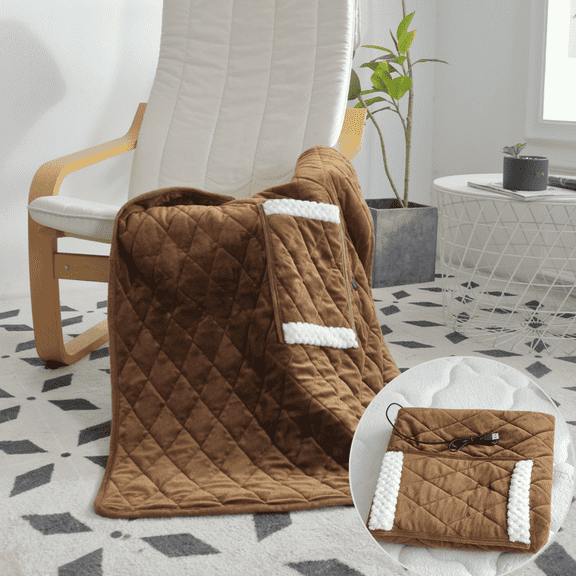 FTCBJJA 24” x 32” Electric Blanket, Machine Washable Crystal Velvet Electric Heating Pad, Portable USB Washable Heating Shawl Scarf with Snap Clasp for Home, Travel, Office, Brown