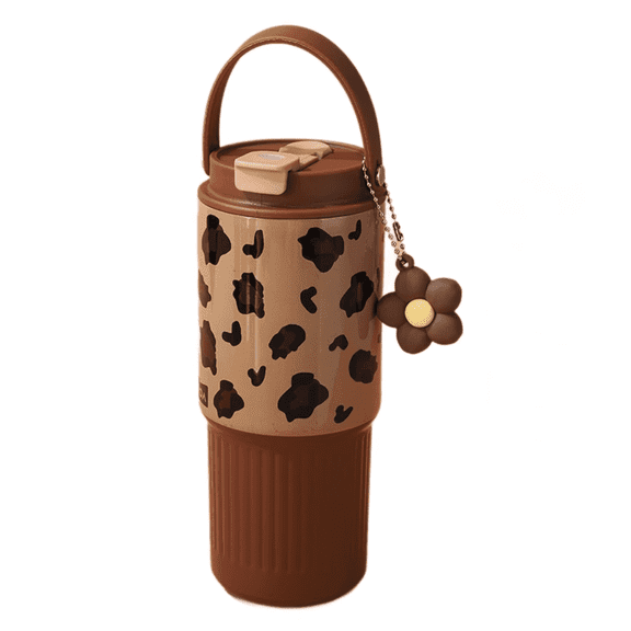 SPACEMUSE 25 oz Stainless Steel Tumbler with 3-in-1 Leak-Proof Lid, Travel Coffee Mug with Swivel Handle, Car-Cup Holder Friendly, Petal Pendant, Brown Leopard Print