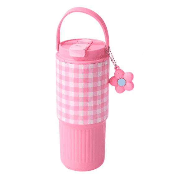 SPACEMUSE 25 oz Stainless Steel Tumbler with 3-in-1 Leak-Proof Lid, Travel Coffee Mug with Swivel Handle, Car-Cup Holder Friendly, Petal Pendant, Pink Grid