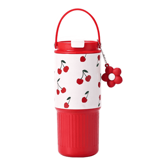 SPACEMUSE 25 oz Stainless Steel Tumbler with 3-in-1 Leak-Proof Lid, Travel Coffee Mug with Swivel Handle, Car-Cup Holder Friendly, Petal Pendant, Red Cherry