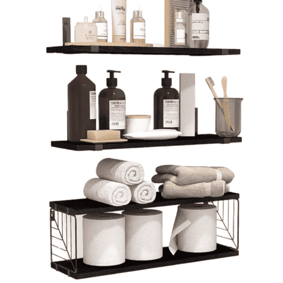 FTCBJJA 3-Tier Rustic Wood & Metal Bathroom Wall Shelves – Wall Mounted Storage Rack for Toiletries, Towels, and Toilet Paper – Industrial Farmhouse Bathroom Organizer(Black)