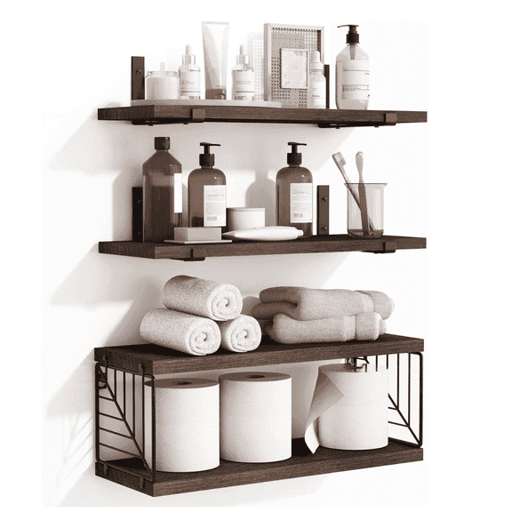 DUANJY 3-Tier Rustic Wood & Metal Bathroom Wall Shelves – Wall Mounted Storage Rack for Toiletries, Towels, and Toilet Paper – Industrial Farmhouse Bathroom Organizer(Brown)