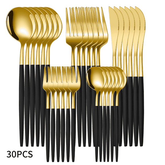 FTCBJJA 30-Piece Flatware Set for 6, Mirror Polished Food-Grade Stainless Steel Silverware Set, Dishwasher Safe Utensil Set for Home, Kitchen, Restaurant, Black Gold