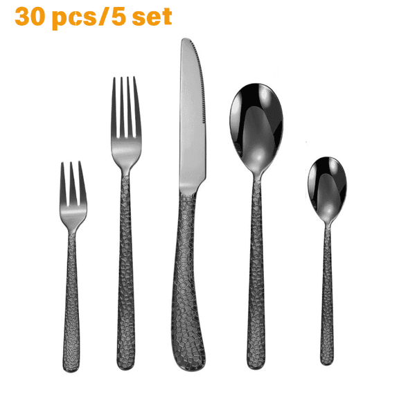 FTCBJJA 30-Piece Stainless Steel Flatware, Mirror Polished Dishwasher Safe Utensil Set, Service for 6, Home Kitchen Restaurant Hotel Use, Black