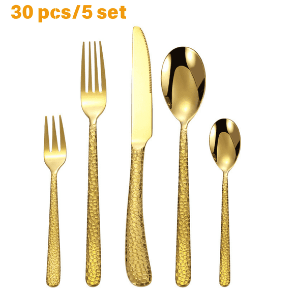 FTCBJJA 30-Piece Stainless Steel Flatware, Mirror Polished Dishwasher Safe Utensil Set, Service for 6, Home Kitchen Restaurant Hotel Use, Gold