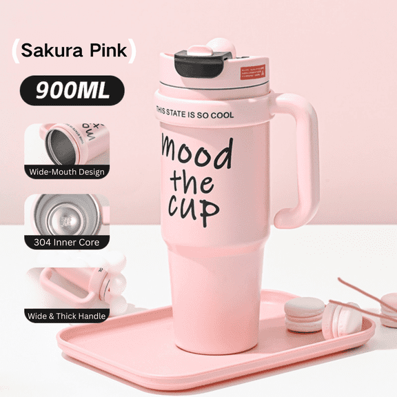 SPACEMUSE 32oz Stainless Steel Insulated Tumbler with Handle and Straw – Double Wall Insulated, Leak-Proof Travel Mug, Cup Holder Compatible(Pink)