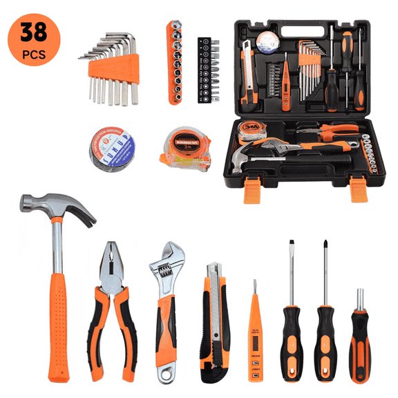 FTCBJJA 38-Piece Household Tool Set with Plastic Storage Toolbox, Multi-purpose Basic Repair Tools Kit for Home, Garage, Mechanic Tool for Women and Men