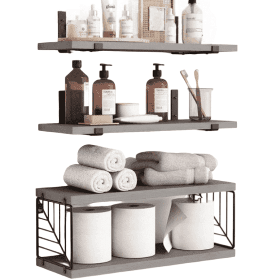 FTCBJJA 4-Tier Rustic Wood & Metal Bathroom Wall Shelves – Wall Mounted Storage Rack for Toiletries, Towels, and Toilet Paper – Industrial Farmhouse Bathroom Organizer(Gray)