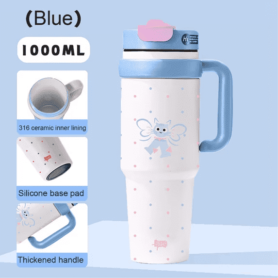 SPACEMUSE 40oz Vacuum-Insulated Ceramic Lined Tumbler with 3-in-1  Leak-Proof Lid, Blue Travel Mug with handle and Leak-Resistant Straw Lid