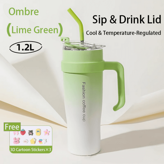 FTCBJJA 42oz Stainless Steel Insulated Tumbler with Leak-proof Lid, Vacuum Insulated Travel Mug，3-in-1 Straw/Handle/Cup Holder Compatible (Gradient Green)​