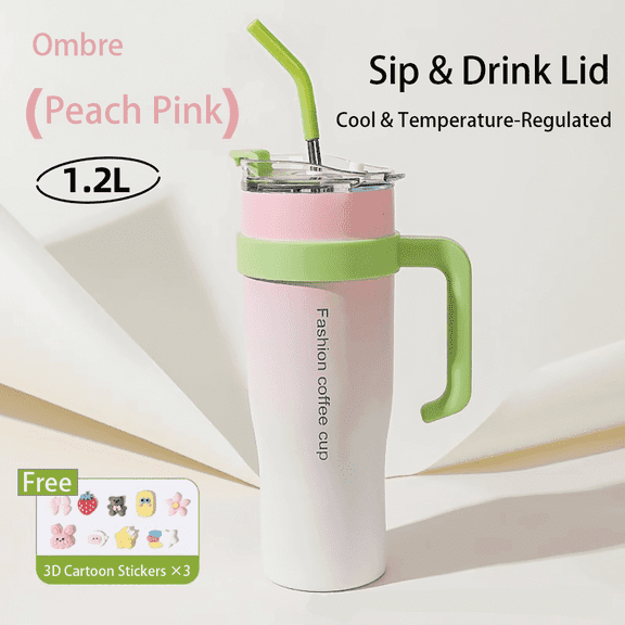 FTCBJJA 42oz Stainless Steel Insulated Tumbler with Leak-proof Lid, Vacuum Insulated Travel Mug,3-in-1 Straw/Handle/Cup Holder Compatible (Gradient Pink)