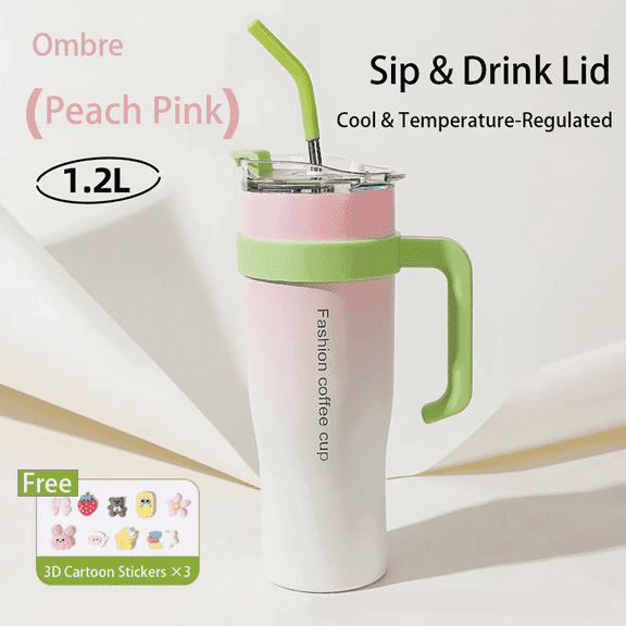 SPACEMUSE 42oz Stainless Steel Insulated Tumbler with Leak-proof Lid, Vacuum Insulated Travel Mug,3-in-1 Straw/Handle/Cup Holder Compatible (Gradient Pink)