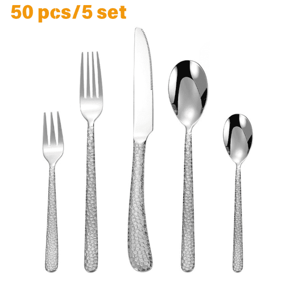 FTCBJJA 50-Piece Stainless Steel Flatware, Mirror Polished With Steak Knives, Dishwasher Safe, Service for 10, Home Kitchen Restaurant Hotel, Silver