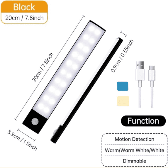 ZHUYZ 7.8Inch Under Cabinet Lights, USB Rechargeable Closet Lighting kit with Motion Sensor and Magnetic Strip for Wardrobe, Kitchen Wireless Lighting Black