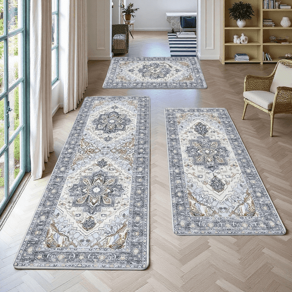 FTCBJJA Boho Kitchen Rug and Mat Set 3 Piece, Non Skid Kitchen Mats for Floor, Runner Rugs for Hallway Kitchen Holiday Decor, Floor Mat for Living Room, Bedroom, 20"x31.5" + 20"x47.3" + 20"x59"