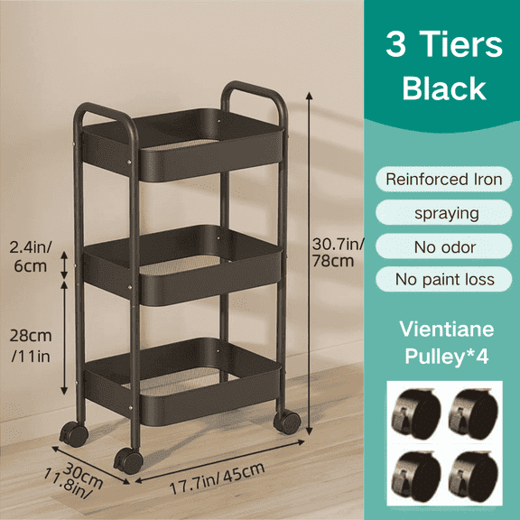 FTCBJJA Carbon Steel Storage Cart, 3-Tier Rolling Storage Mobile Utility Cart, Living Room, Kitchen Sorting Metal Storage Organizer Black