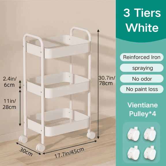 FTCBJJA Carbon Steel Storage Cart, 3-Tier Rolling Storage Mobile Utility Cart, Living Room, Kitchen Sorting Metal Storage Organizer White