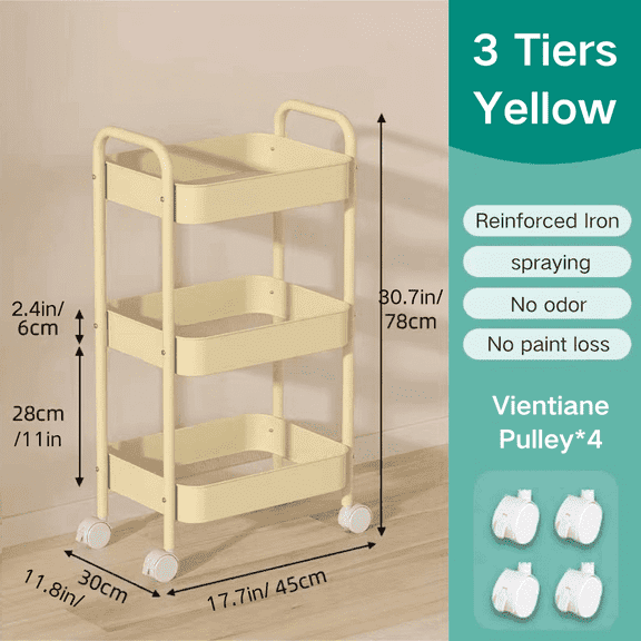 FTCBJJA Carbon Steel Storage Cart, 3-Tier Rolling Storage Mobile Utility Cart, Living Room, Kitchen Sorting Metal Storage Organizer Yellow