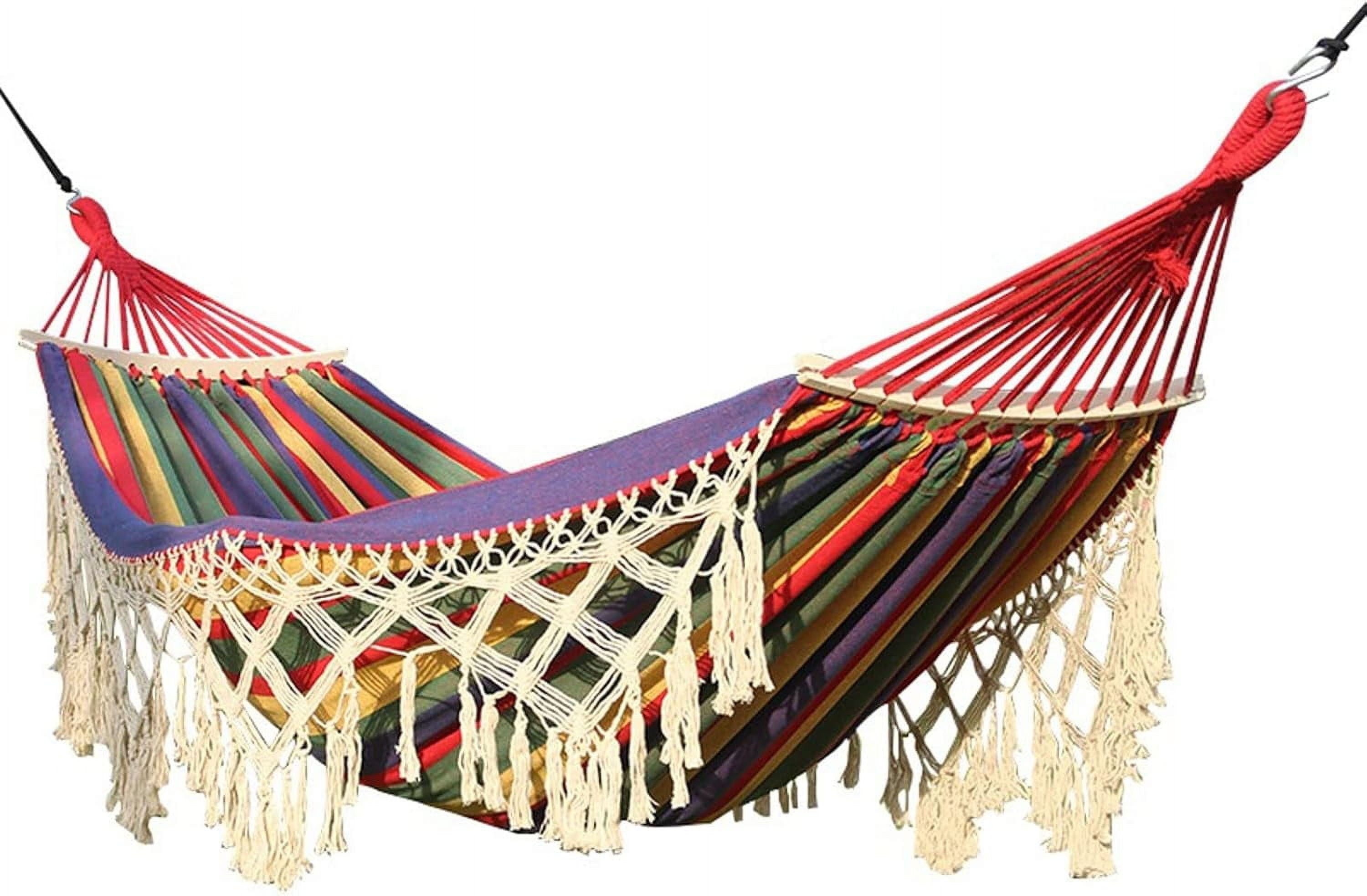 DUANJY Cotton Canvas Hammock, Double Boho Hammocks with Decorative Fringe , Portable Camping Indoor Outdoor Garden Hammock Swing with Travel Bag, 440lb Load Capacity