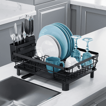 FTCBJJA Dish Drying Rack - Large Dish Drainer with Utensil Holder, Drainboard, and Swivel Spout, Space-Saving Kitchen Counter Organizer, Black