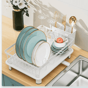 DUANJY Dish Drying Rack - Dish Drainer with Utensil Holder, Drainboard, and Swivel Spout, Space-Saving Kitchen Counter Organizer, White