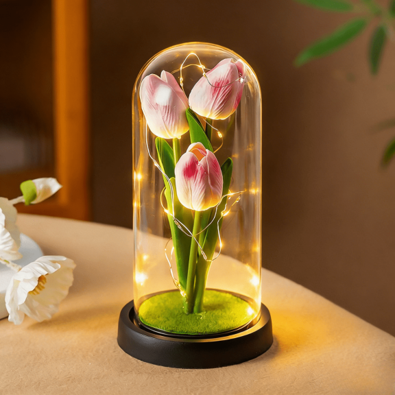 FTCBJJA Eternal Gradient Pink Artificial Tulip Bouquet in Glass Dome with LED Fairy Lights, Handmade Flower Table Lamp, LED String Light Decoration for Room, Romantic Flower for Mother’s Day