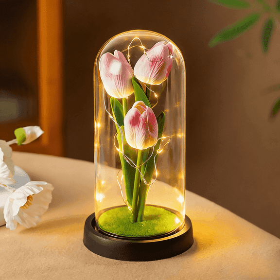 FTCBJJA Preserved Artificial Tulip Bouquet in Glass Dome with LED Fairy Lights, Glass Rose Artificial Flowers with Eternal Tulip, Home Decor Accent, Romantic Flower for Mom,Women&Wife,Gradient Pink