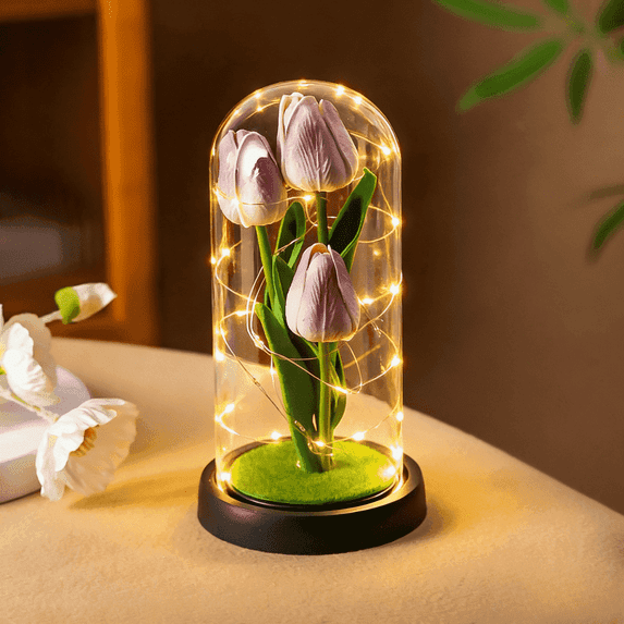 FTCBJJA Preserved Artificial Tulip Bouquet in Glass Dome with LED Fairy Lights, Glass Rose Artificial Flowers with Eternal Tulip, Home Decor Accent, Romantic Flower for Mom,Women&Wife,Gradient Purple