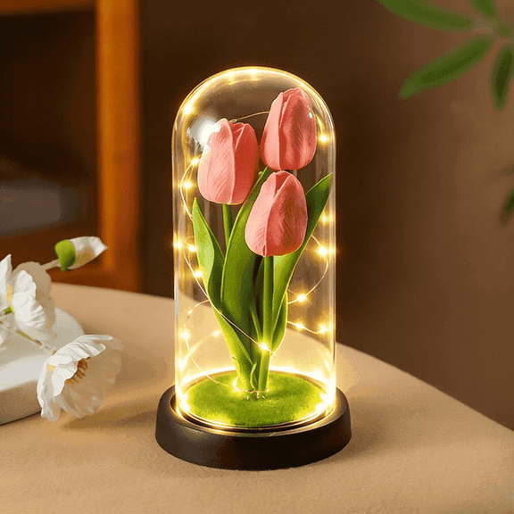 FTCBJJA Preserved Artificial Tulip Bouquet in Glass Dome with LED Fairy Lights, Glass Rose Artificial Flowers with Eternal Tulips, Home Decor Accent, Romantic Flower for Mom,Women&Wife,Pink