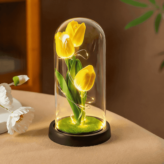 FTCBJJA Preserved Artificial Tulip Bouquet in Glass Dome with LED Fairy Lights, Glass Rose Artificial Flowers with Eternal Tulips, Home Decor Accent, Romantic Flower for Mom,Women&Wife,Yellow