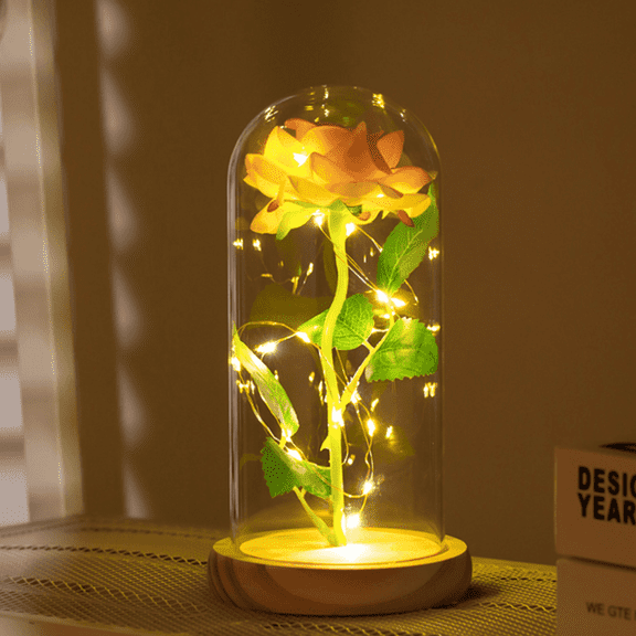 FTCBJJA Eternal Yellow Rose in Glass Dome with LED Lights, Light Up Artificial Rose Décor – Romantic Gift for Women with Gift Box for Anniversary, Birthday, Valentine's Day or Holiday Season