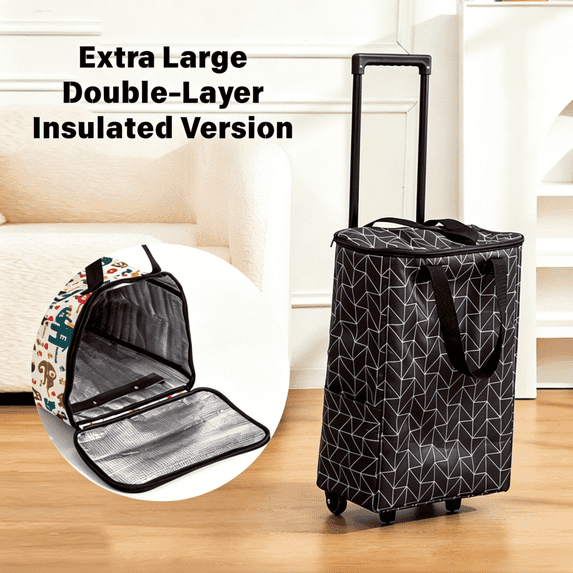 FTCBJJA Folding Shopping Trolley with Wheels, Waterproof Grocery Bag for Climbing Stairs with Handle, Large Capacity Double Layer Trolley, Black