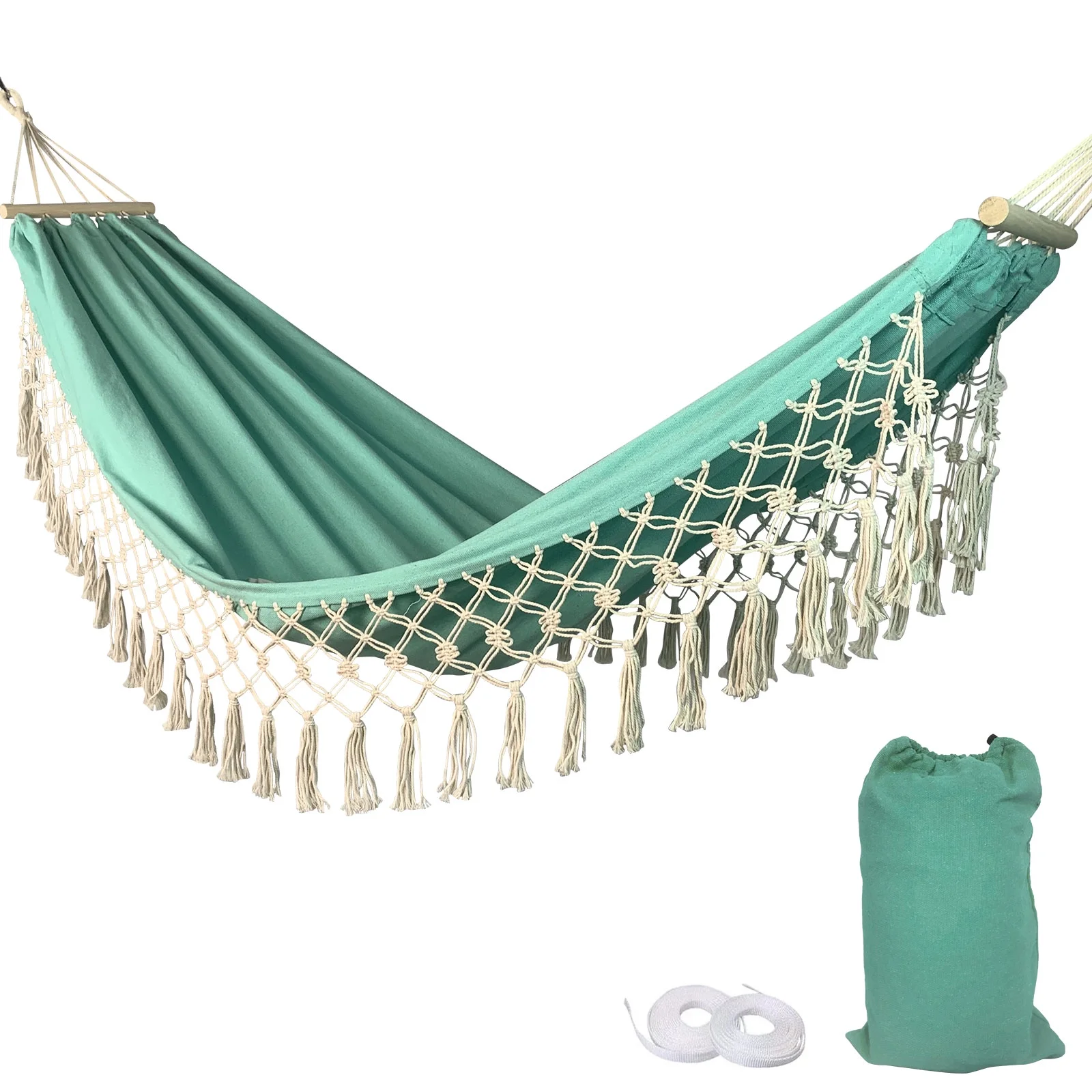 FTCBJJA Garden Hammock with Tassels, 78.7" x 39.4" Cotton Swing Bed with Anti Roll Balance Beam, Portable Hammocks for Camping, Patio, Yard, Porch, Beach (Light Green)