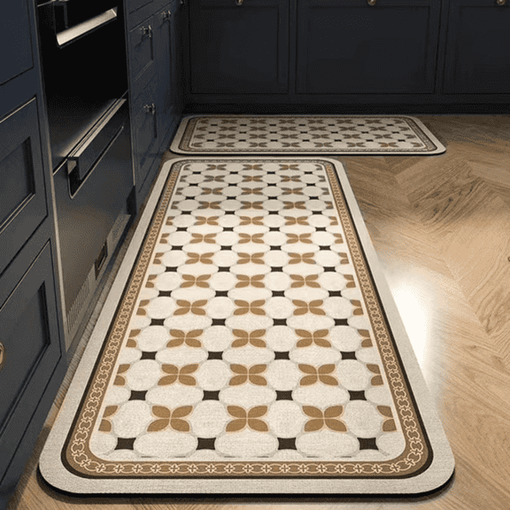 SpaceMuse Kitchen Rug Set 2 Piece, Modern Moroccan Soft Carpet, Neutral Geometric Distressed Rubber Backing, Machine Washable Non-Slip Mats for Kitchen, Hallway, Bathroom, 15.8"x23.7" + 15.8"x47.3"