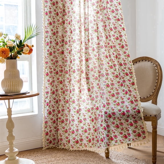 SpaceMuse Lovely Rose Decorative Curtains, Vintage Farmhouse Light Filtering Rose Floral Delicate Pattern for Living Room Bedroom and Dining Room Panels, 59 X 63 Inches