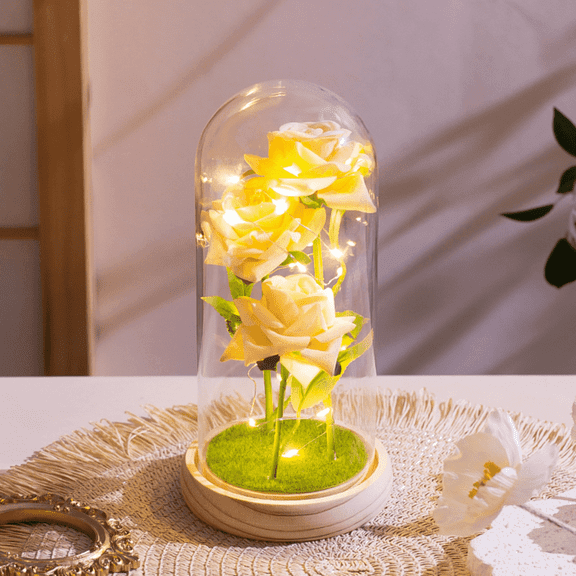 FTCBJJA Preserved Forever Rose Gifts for Women, Warm Light Artificial Flowers with LED in Glass Dome, Romantic Eternal Rose Anniversary Birthday Gift for Mothers Day Valentines Christmas, Yellow