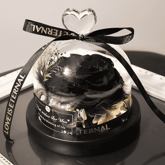 FTCBJJA Preserved Real Rose in Beautiful Creative Heart Design Glass Dome, Everlasting Black Roses Gift