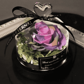 FTCBJJA Preserved Real Rose in Beautiful Creative Heart Design Glass Dome, Everlasting Multicolor Purple Roses Gift