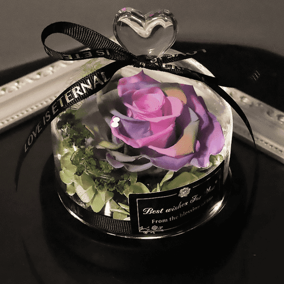 FTCBJJA Preserved Real Rose in Beautiful Creative Heart Design Glass Dome, Everlasting Multicolor Purple Roses Gift