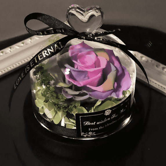 FTCBJJA Preserved Real Rose in Beautiful Creative Heart Design Glass Dome, Everlasting Multicolor Purple Roses Gift