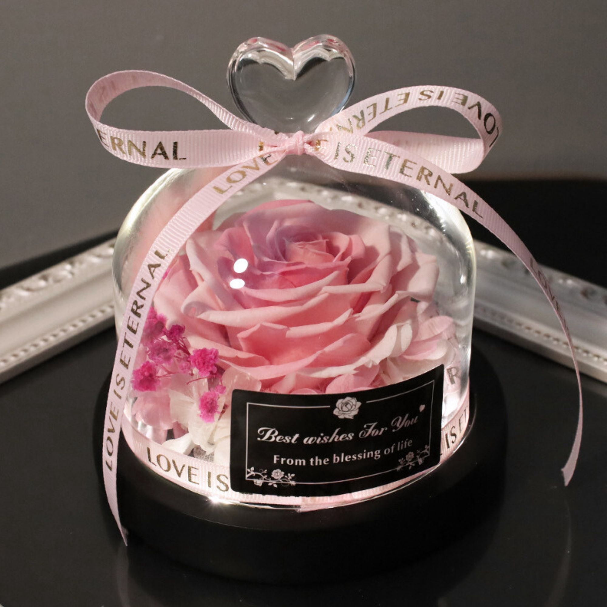 FTCBJJA Preserved Real Rose in Beautiful Creative Heart Design Glass Dome, Everlasting Pink Roses Gift