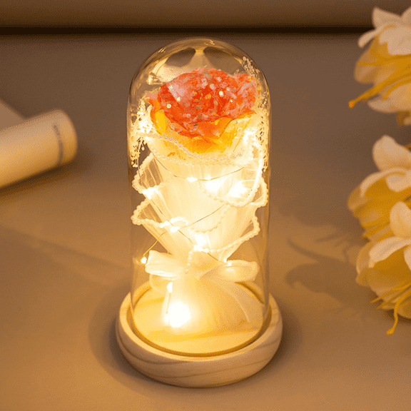 FTCBJJA Preserved Rose Light Gifts in Glass Dome for Mom Wife, Eternal Forever Rose Flower with LED Lights for Her Valentine's Day, Mother's Day, Wedding Anniversary, Christmas Decorations, Orange