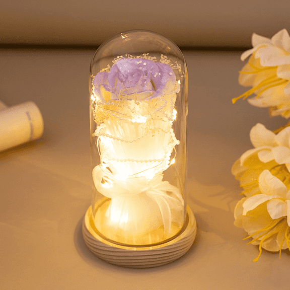 FTCBJJA Preserved Rose Light Gifts in Glass Dome for Mom Wife, Eternal Forever Rose Flower with LED Lights for Her Valentine's Day, Mother's Day, Wedding Anniversary, Christmas Decorations, Purple