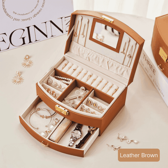 SPACEMUSE Pull Type Jewelry Box with Mirror, Multi-Functional Jewelry Organizer, Portable Case for Travel, Essential for Home, Ring Bracelet Display Holder (Brown)