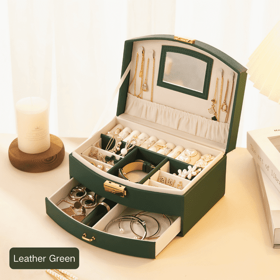 SpaceMuse Pull Type Jewelry Box with Mirror, Multi-Functional Jewelry Organizer, Portable Case for Travel, Essential for Home, Ring Bracelet Display Holder (Green)