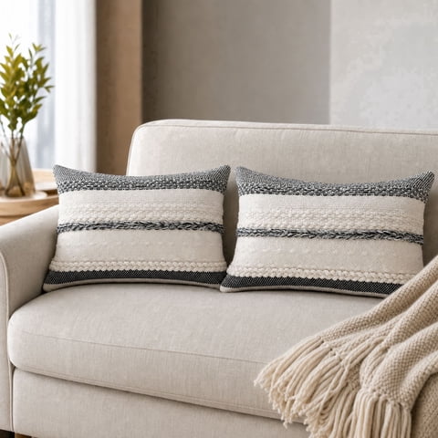 FTCBJJA Set of 2 Farmhouse Throw Pillow Covers 12x20 Striped Neutral Decorative Pillows Cushion Case for Sofa Couch Chair Bedroom Modern Decor, Black
