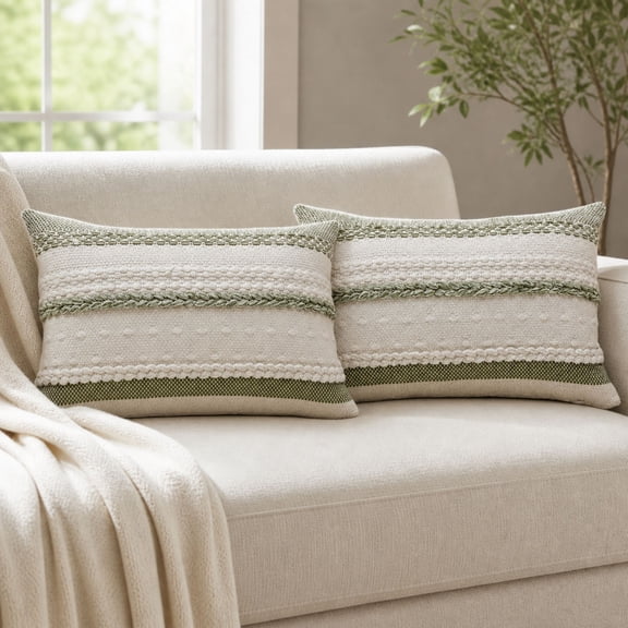 FTCBJJA Set of 2 Farmhouse Throw Pillow Covers 12x20 Striped Neutral Decorative Pillows Cushion Case for Sofa Couch Chair Bedroom Modern Decor, Green