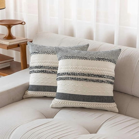 FTCBJJA Set of 2 Farmhouse Throw Pillow Covers 18x18 Striped Neutral Decorative Pillows Cushion Case for Sofa Couch Chair Bedroom Modern Decor, Black and Off White