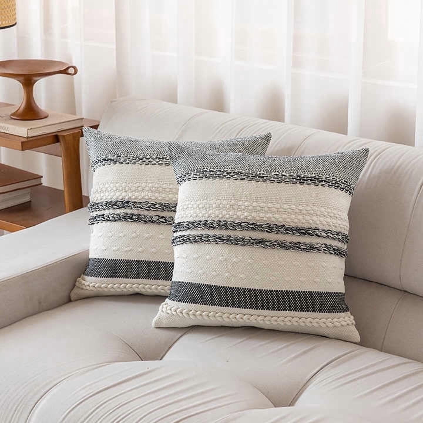 FTCBJJA Set of 2 Farmhouse Throw Pillow Covers 18x18 Striped Neutral Decorative Pillows Cushion Case for Sofa Couch Chair Bedroom Modern Decor, Black and Off White