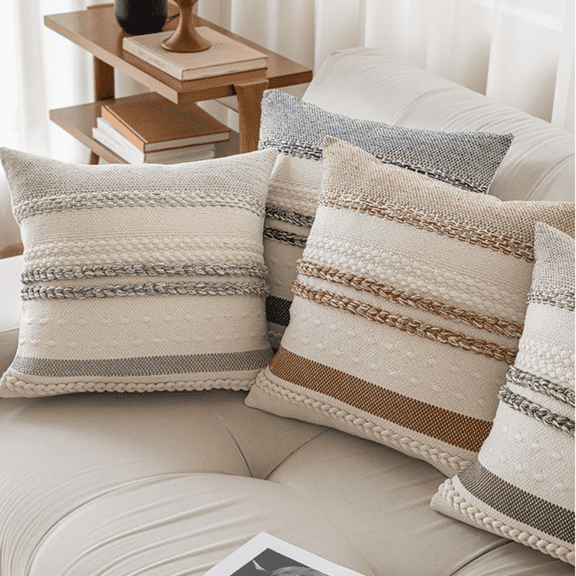 FTCBJJA Set of 2 Farmhouse Throw Pillow Covers 18x18 Striped Neutral Decorative Pillows Cushion Case for Sofa Couch Chair Bedroom Modern Decor, Gray and Off White